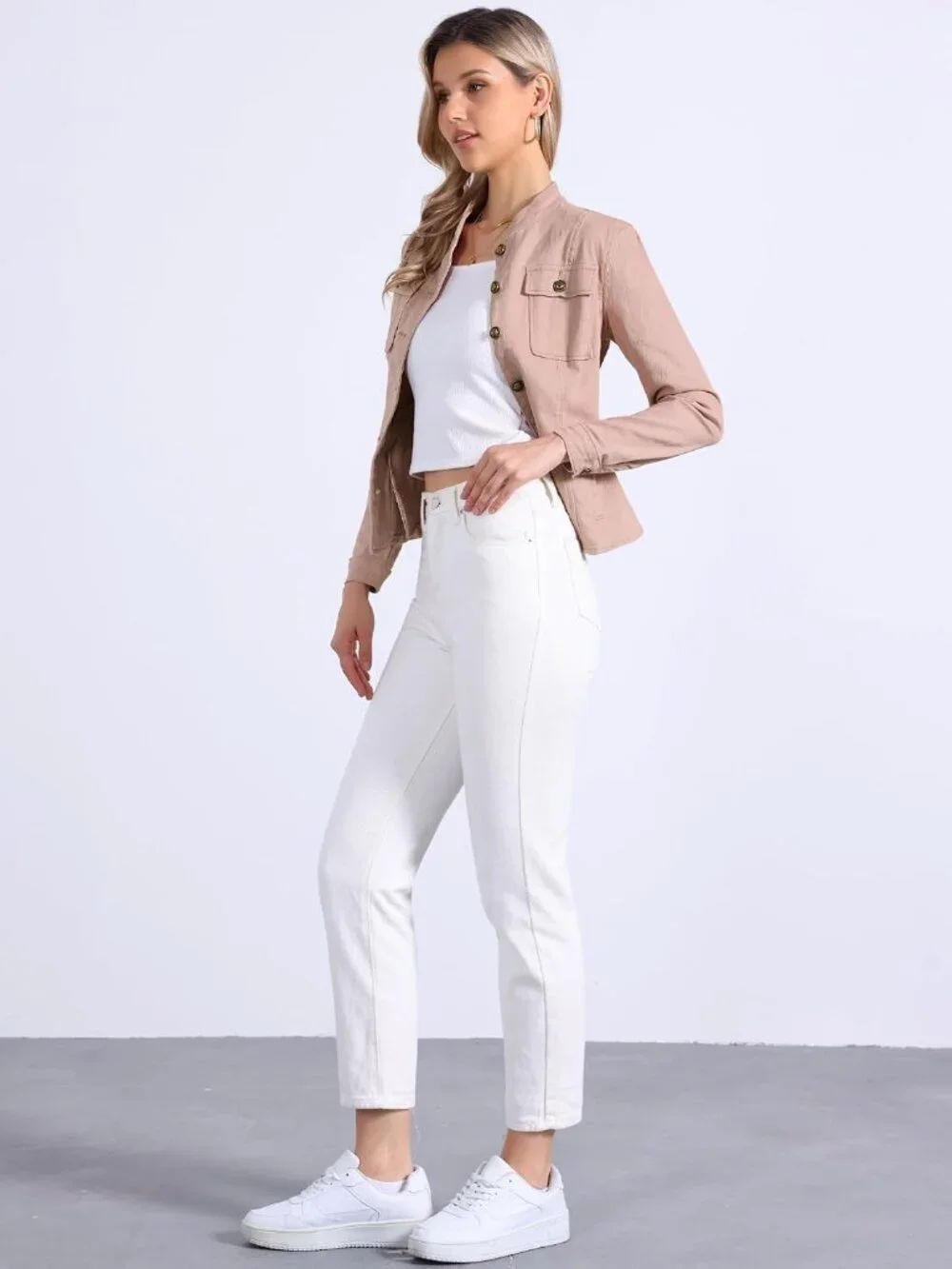 Women's Pink Classic Stand Collar Long Sleeve Denim Jackets Flap Chest Pockets